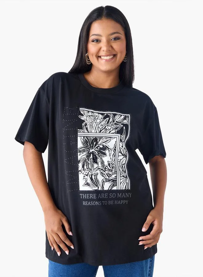 Ulla Popken Plus Size Ulla Popken Printed T-shirt with Rhinestone Embellishment